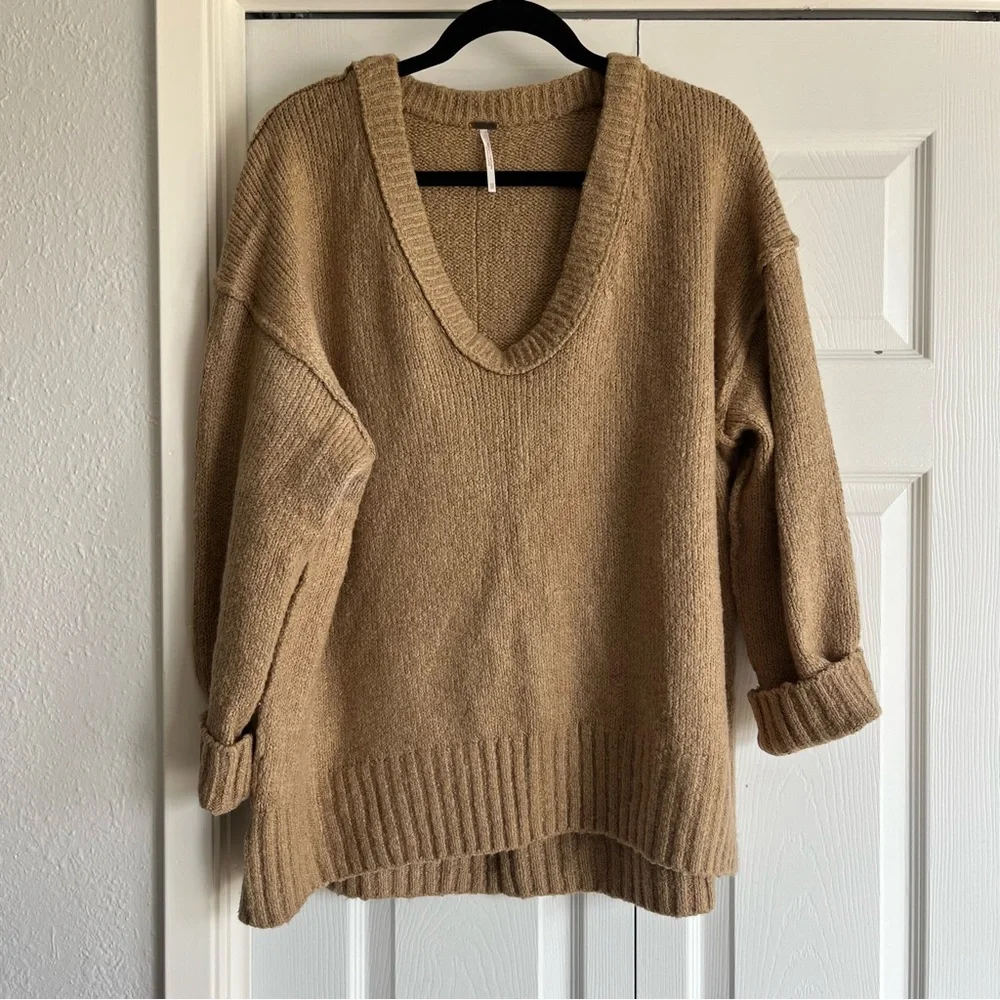 Free People Brookside Tunic Sweater Camel Tan Knit Oversized Sweater
